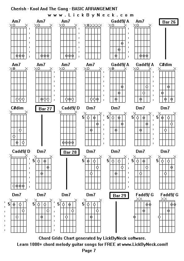 Chord Grids Chart of chord melody fingerstyle guitar song-Cherish - Kool And The Gang - BASIC ARRANGEMENT,generated by LickByNeck software.